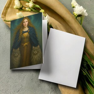 Carte de voeux Freya, carte postale nordique, art de déesse, cadeau pour amoureux des chats, impression d'art fantastique, carte de créature mythique