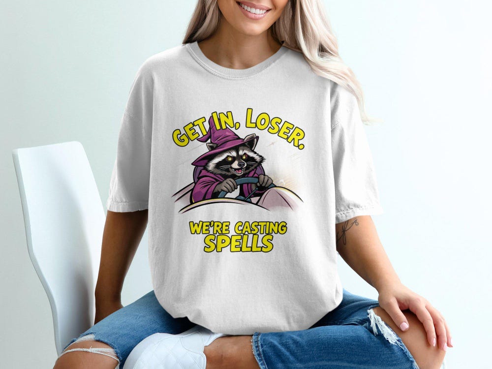Funny Halloween T-Shirt, Raccoon Wizard Shirt, Get In Loser T-Shirt, We'Re Casting Spells Tee, Witchy T-Shirt, Halloween Graphic Tee