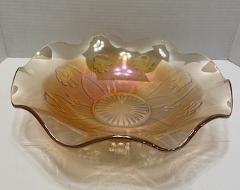 Jeannette Iris Herringbone Marigold Depression Carnival Glass Ruffled Bowl