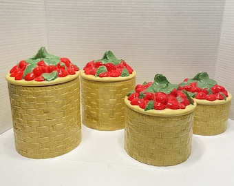 Strawberry Yellow Basket Weave 1981 Ceramic Canisters