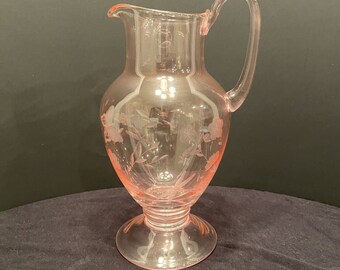 Lenox Butterfly Meadow Etched Pink Glass Footed Ice Tea Water Lemonade Pitcher