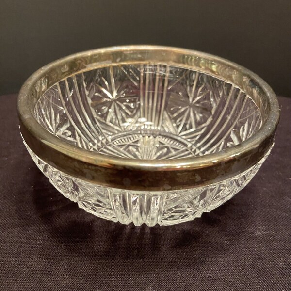 Silver Plated Rimmed Clear Crystal Trinket Bowl