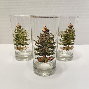 Spode Christmas Tree Highball Glasses – Set of 3 – 1950s Holiday Barware with Gold Rim – Made in England