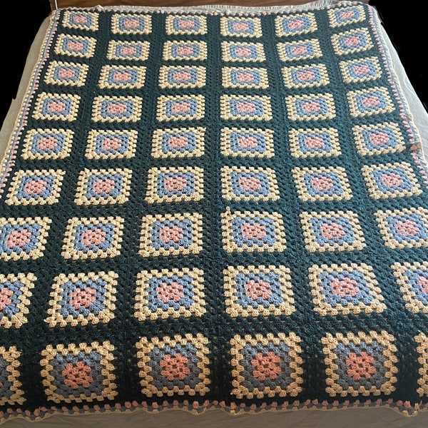 Handmade Vintage Granny Square 6x9 Block Crochet Throw Blanket Four Color Afghan