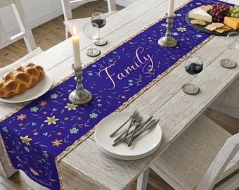 Camino de mesa con estampado floral familiar / Estampado Judica / Decoración mesiánica hebrea / Mantelería para banquetes / Algodón o poliéster