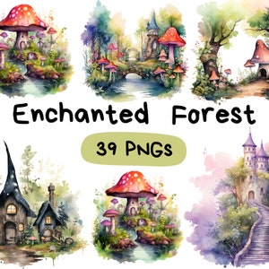 Aquarell verzauberter Wald Clipart PNG Download, gemalte Grafik, Sofort-Datei für kommerzielle Nutzung, Scrapbook Journal Bilder Fantasy Pilz