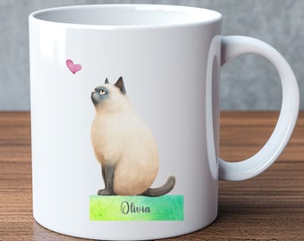 Taza de gato siamés, taza de gato siamés, NOMBRE PERSONALIZADO, regalo de cumpleaños, taza de cerámica, regalo de amantes de los gatos, taza de gato, siamés,