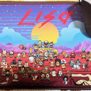 May include: A rectangular mouse mat with a vibrant cartoon design, the name "Lisa" in red, and a sunset backdrop. The image is filled with small character illustrations. A computer mouse is positioned on the right side of the mat.