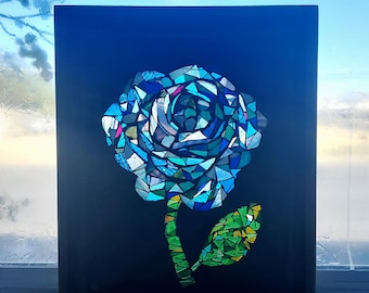 Handmade Stained Glass Blue Rose Mosaic - Wooden Frame Light Catcher
