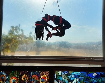 Stained Glass Shibari Woman Mirror Art: Red Rope Decor