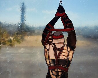 stained glass and mirror bondage man, shibari , rope bunny decor, sexy mirror, red ropes around the male form