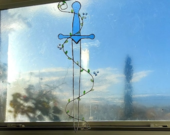 Stained Glass Sword Suncatcher: Handmade Vine & Flowers Window Decor