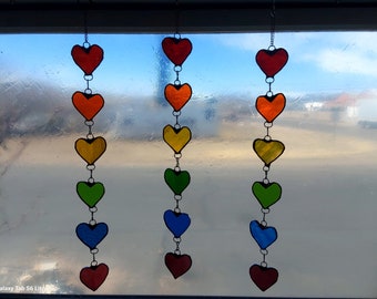 stained glass rainbow hearts suncatcher. stunning  window hanging, unique decorative unique window art, full blues and pinks available also