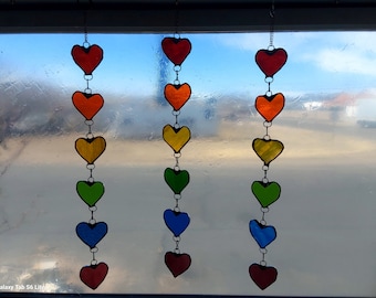 Stained Glass string of Hearts Suncatcher rainbow blue and pinks colorful bright decorative decor perfect  window art gift for anyone