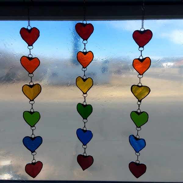 Stained Glass string of Hearts Suncatcher rainbow blue and pinks colorful bright decorative decor perfect  window art gift for anyone