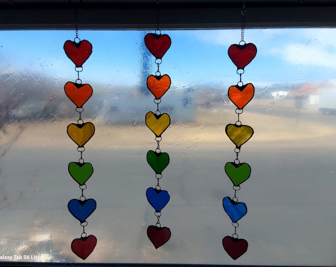 Stained Glass string of Hearts Suncatcher rainbow blue and pinks colorful bright decorative decor perfect  window art gift for anyone
