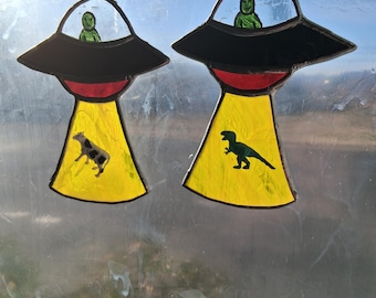 stained glass flying ufo with alien and person - dinosaur or animal  cute suncatcher / window art makes for a perfect gift for anyone