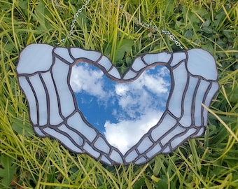 stained glass skeleton hands around mirror heart, for window or wall art gothic dark decorative decor emo alt halloween present skull white