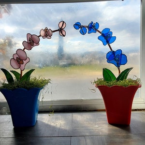 May include: Two stained glass orchid flower arrangements in blue and pink, each in a plastic pot, one blue and one red, on a wooden floor.