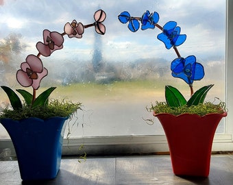 Stained Glass Orchid in Pot: Handmade Forever Flower Suncatcher