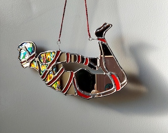 stained glass and mirror bondage man, shibari , rope bunny decor, sexy mirror, red ropes around the male form gift for lover or partner