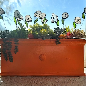May include: A bright orange planter box with a variety of succulents and green plants.  The plants are topped with decorative glass skull flowers.