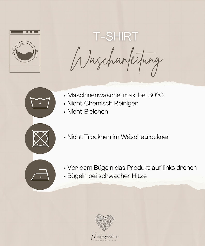 Op de afbeelding: Wasinstructies voor een T-shirt met pictogrammen voor wassen, drogen en strijken. De instructies omvatten wassen op maximaal 30 graden Celsius, geen chemische reiniging, geen bleken, geen drogen in de droger en strijken op lage temperatuur.