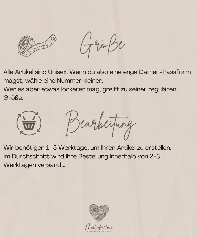 Op de afbeelding: Een afbeelding met het woord "Gr&ouml;&szlig;e" in cursief, een meetlint en een winkelwagenpictogram met pijlen die eromheen draaien. De tekst "Bearbeitung" is ook inbegrepen, samen met de tekst "Wir ben&ouml;tigen 1-5 Werktage, um Ihren Artikel zu erstellen. Im Durchschnitt wird Ihre Bestellung innerhalb von 2-3 Werktagen versandt."  De afbeelding bevat ook een hart met de tekst "Melafacture Designed with Love".