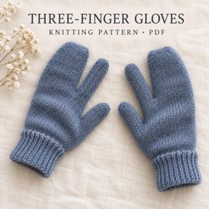May include: A pair of blue knitted three-finger gloves with ribbed cuffs. The text at the top reads THREE-FINGER GLOVES KNITTING PATTERN PDF. The gloves feature a distinct design with one section for the thumb and two finger compartments.