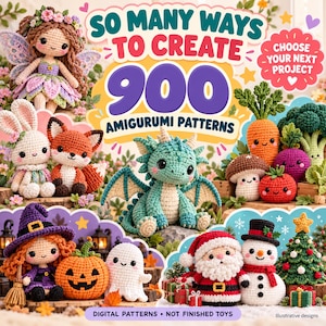 Peut inclure: Un guide numérique intitulé SO MANY WAYS TO CREATE 900 AMIGURUMI PATTERNS présentant diverses figurines crochetées dont une fée, un lapin, un renard, un dragon, une carotte, un champignon, une sorcière, une citrouille, un fantôme, le Père Noël, un bonhomme de neige et un sapin de Noël.