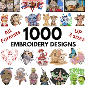Può includere: Un'immagine che mostra una varietà di disegni di ricamo, tra cui personaggi dei cartoni animati, animali e icone della cultura pop. Il testo recita "1000 EMBROIDERY DESIGNS" e "All Formats UP 3 sizes".