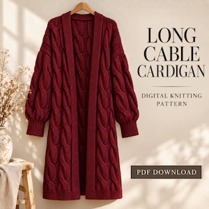Patrón de tejido para cárdigan largo con trenzas, cárdigan largo holgado con frente abierto, patrón de cárdigan de ganchillo para mujer en tallas S/M y L/XL, descarga en PDF.