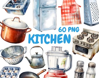 Aquarell Küche Clipart Bundle, Essen Kochen Clipart, Backen Illustrationen, transparente PNG Grafiken, kommerzielle Nutzung