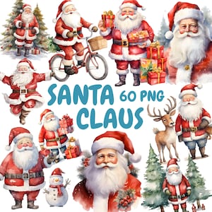 Pacote de clipart de Papai Noel em aquarela, clipart vintage de Papai Noel, gráficos de Papai Noel, download digital instantâneo para uso comercial