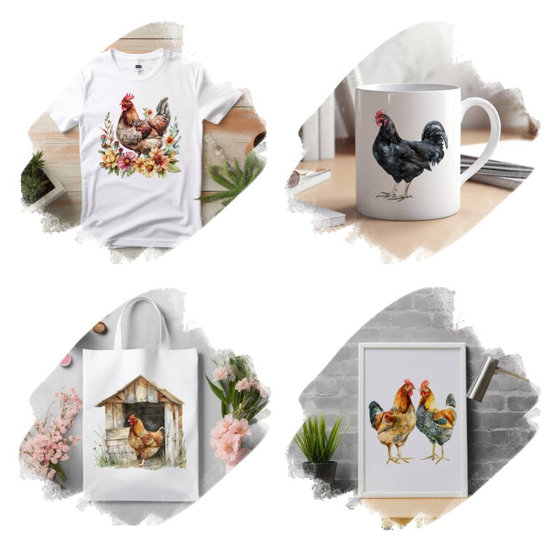 Op de afbeelding: Een set van vier verschillende producten met aquarel illustraties van kippen. De set bevat een wit t-shirt, een witte tote bag, een witte mok en een witte ingelijste print. Het t-shirt heeft een bruine en rode kip met bloemen. De tote bag heeft een bruine kip in een houten hok. De mok heeft een zwarte kip. De ingelijste print heeft twee kippen, een bruine en een zwarte.