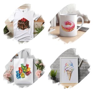 May include: Four different products featuring watercolor illustrations of various sweet treats. A white t-shirt with a chocolate cake topped with raspberries, a white mug with a pink donut with white sprinkles, a white tote bag with colorful gummy bears, and a white framed print with a rainbow ice cream cone.