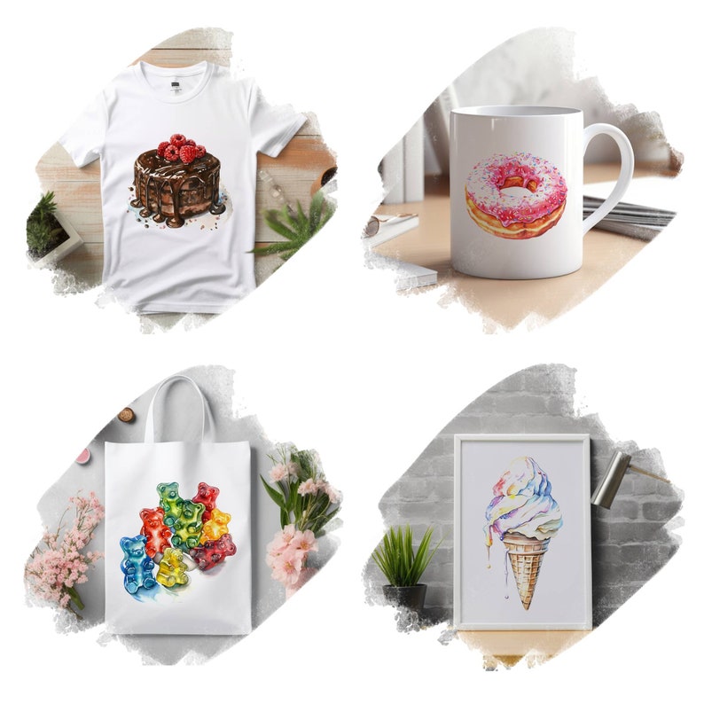 May include: Four different products featuring watercolor illustrations of various sweet treats. A white t-shirt with a chocolate cake topped with raspberries, a white mug with a pink donut with white sprinkles, a white tote bag with colorful gummy bears, and a white framed print with a rainbow ice cream cone.