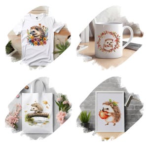 Puede incluir: Un conjunto de cuatro productos con una ilustraci&oacute;n de acuarela de un erizo. El conjunto incluye una camiseta blanca, una bolsa de tela blanca, una taza blanca y una impresi&oacute;n enmarcada. El erizo se representa en varias poses, incluyendo sosteniendo una manzana y rodeado de flores.