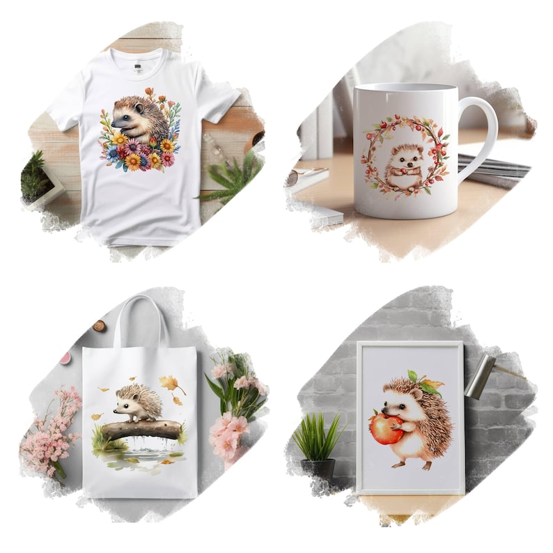 Puede incluir: Un conjunto de cuatro productos con una ilustraci&oacute;n de acuarela de un erizo. El conjunto incluye una camiseta blanca, una bolsa de tela blanca, una taza blanca y una impresi&oacute;n enmarcada. El erizo se representa en varias poses, incluyendo sosteniendo una manzana y rodeado de flores.