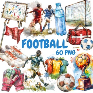 Pacchetto di clipart di calcio ad acquerello, clipart di partite di calcio, illustrazioni di calcio, grafica PNG trasparente, uso commerciale