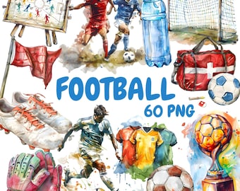 Aquarell Fußball Clipart Bundle, Fußballspiel Clipart, Fußball Illustrationen, transparente PNG Grafiken, kommerzielle Nutzung