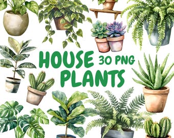 Paquete de imágenes prediseñadas de plantas de interior en acuarela, imágenes prediseñadas de macetas colgantes, ilustraciones de follaje, gráficos PNG transparentes, uso comercial