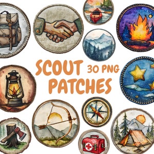 Paquete de imágenes prediseñadas de parches de explorador de acuarela, Imágenes prediseñadas de insignia de exploradores, Ilustraciones de exploración, Gráficos PNG transparentes, Uso comercial