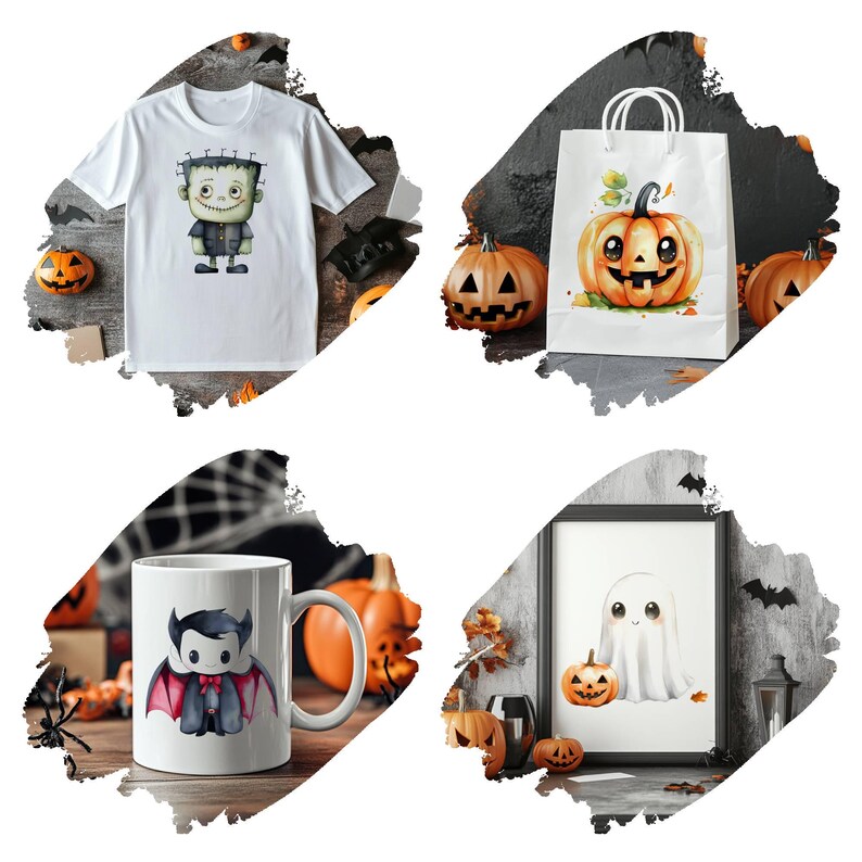May include: A collection of Halloween-themed items, including a white t-shirt with a Frankenstein graphic, a white gift bag with a pumpkin design, a white mug with a vampire illustration, and a framed ghost print.