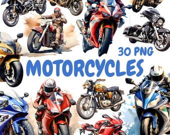 Watercolor Motorcycles Clipart Bundle, Motorbike Racing Clipart, Biker Illustrations, Transparent PNG Graphics, Commercial Use