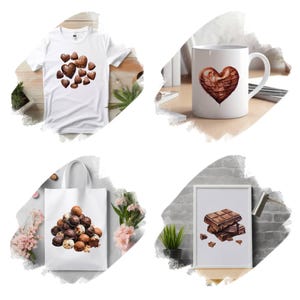 May include: A white t-shirt with a chocolate heart design, a white mug with a chocolate heart, a white tote bag with chocolate candies, and a framed print of chocolate bars. The image showcases a chocolate theme.