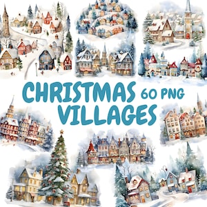 Watercolor Christmas Villages Clipart Bundle, Winter Village Clipart, Christmas House Graphics, Instant Digital Download For Commercial Use