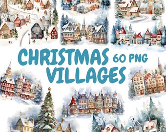 Aquarell Weihnachtsdörfer Clipart Bundle, Winterdorf Clipart, Weihnachtshaus Grafiken, sofortiger digitaler Download für kommerzielle Nutzung