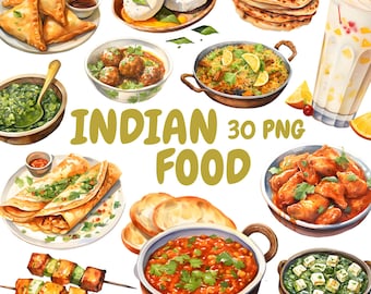 Watercolor Indian Food Clipart Bundle, Indian Cuisine Clipart, Dinner Illustrations, Transparent PNG Graphics, Commercial Use