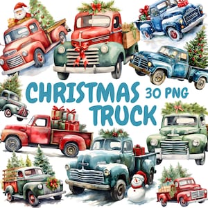 Watercolor Christmas Truck Clipart Bundle, Red Truck Clipart, Winter Car Graphics, Instant Digital Download For Commercial Use